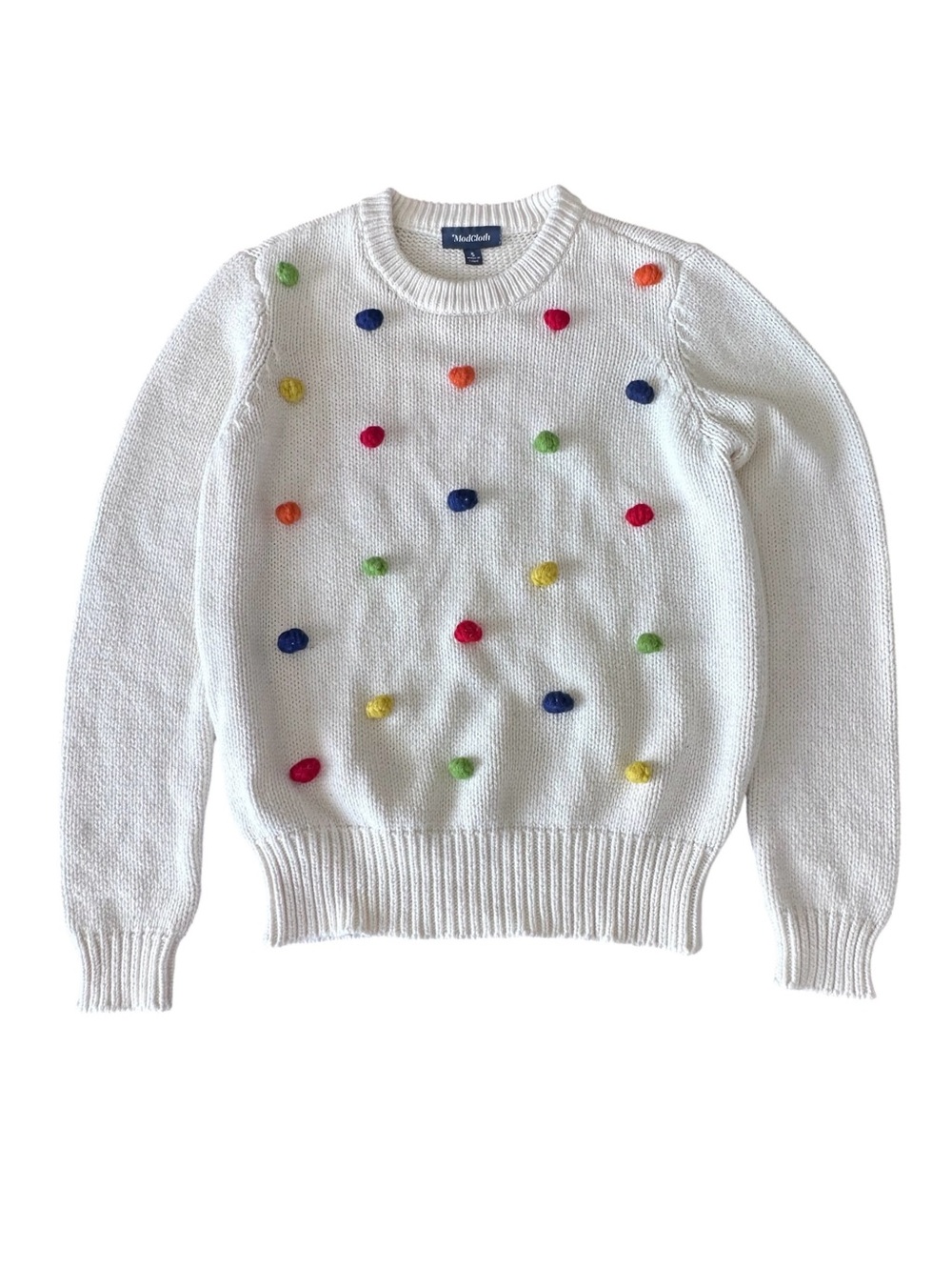 ModCloth Women’s Blowing Bubbles Cream Multi Pom Pom Crew Neck Sweater Small